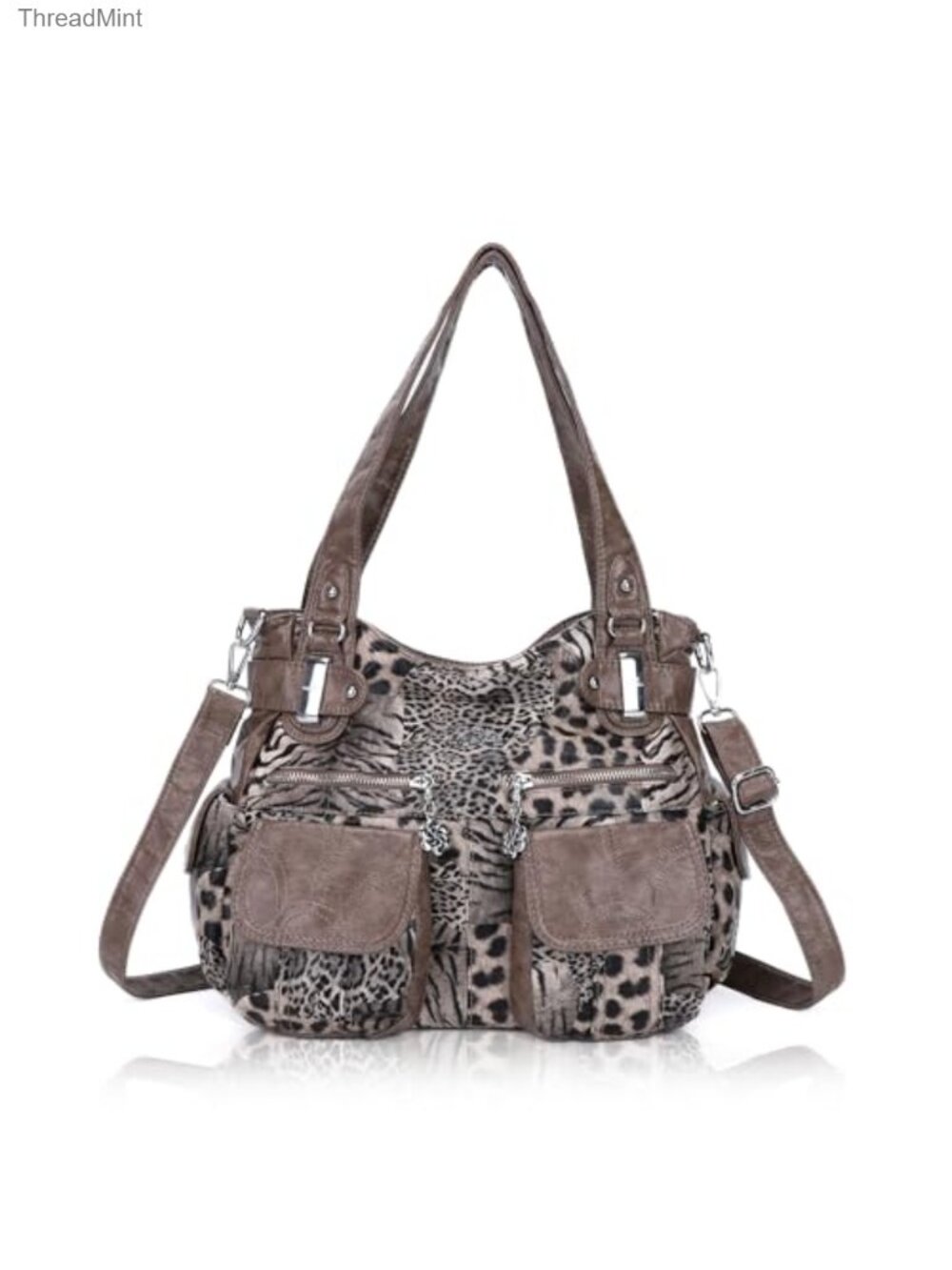 Large Double Zipper Multi Pocket Faux Leather Shoulder Handbag